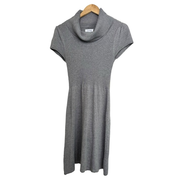 Calvin Klein Cowl Neck Ribbed Knit Sweater Dress Cap Sleeves Gray Size Medium - Picture 6 of 11